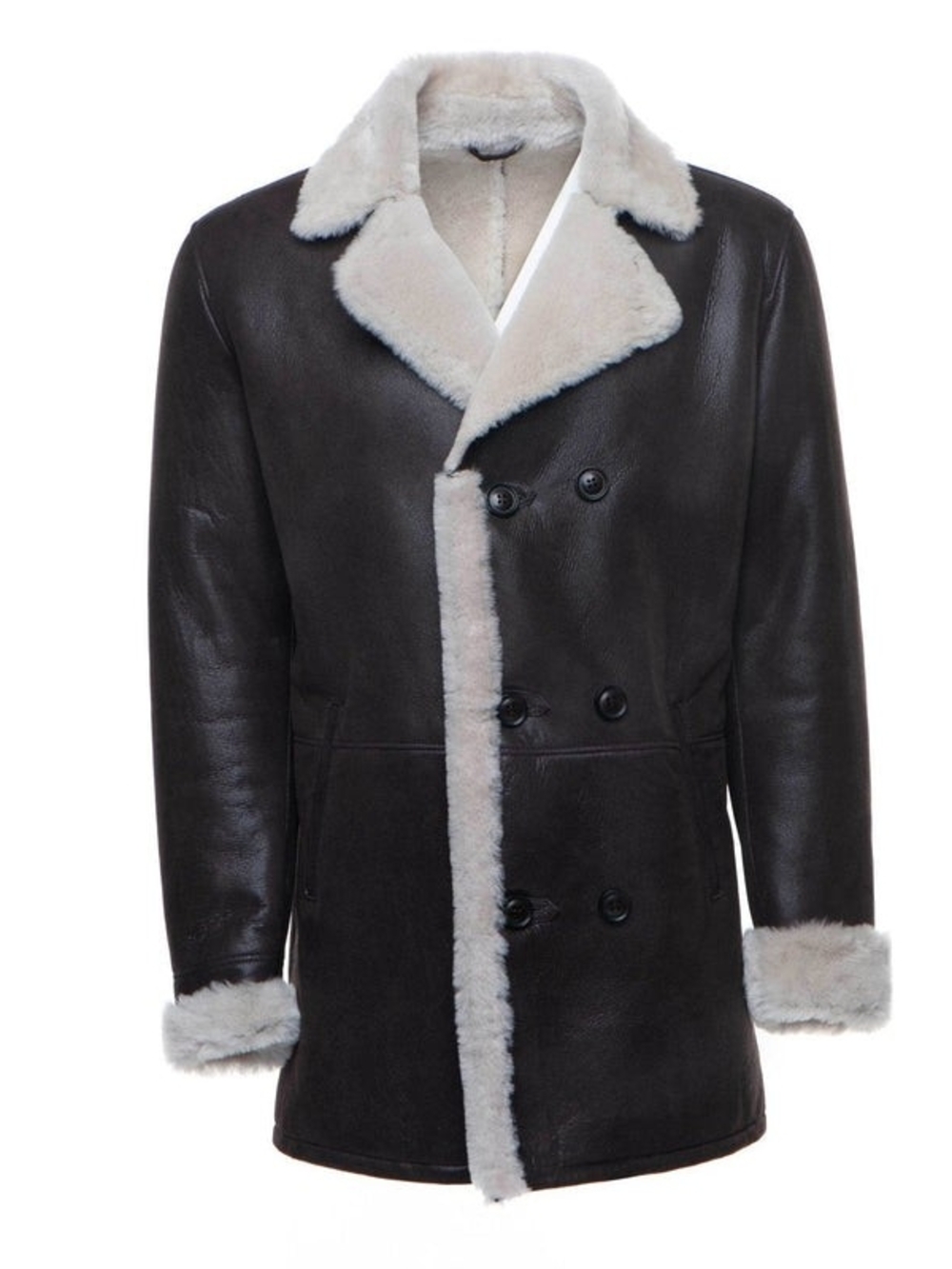 Men's Black Shearling Double-Breasted Coat with Cream Trim